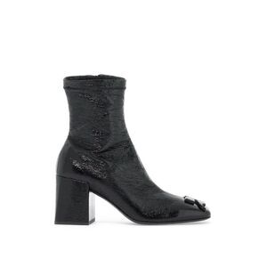 Sleek Vinyl Ankle Boots with Monogram Detail